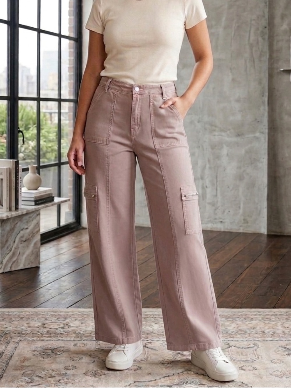Rachel Paige Taupe High Waisted Wide Leg Cargo Pants-Y2K Minimalist Grunge-Small